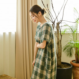 [Natural Garden] MADE NSide pocket check short sleeve linen dress_High quality material, light linen material_ Made in KOREA