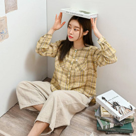 [Natural Garden] MADE N linen check mother-of-pearl blouse_High quality material, linen material, natural body cover_ Made in KOREA